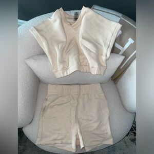 Cream Beige Neutral Quilted Short Sleeve Crop Shorts Set Boutique